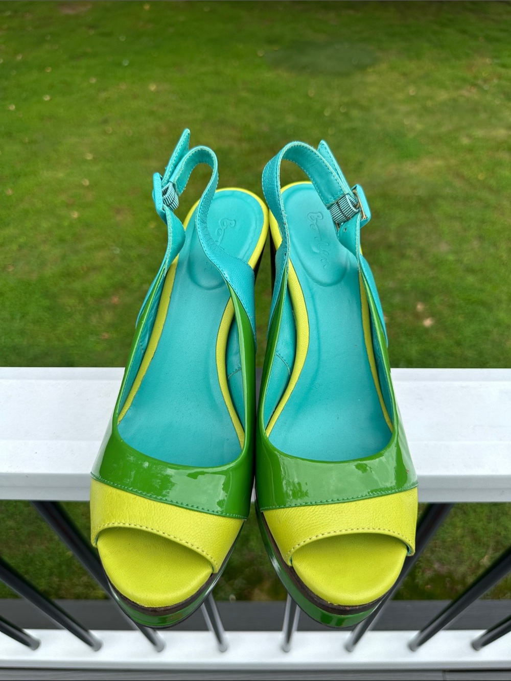 Boden Lime & Teal Patent Peep-Toe Slingback Wedges